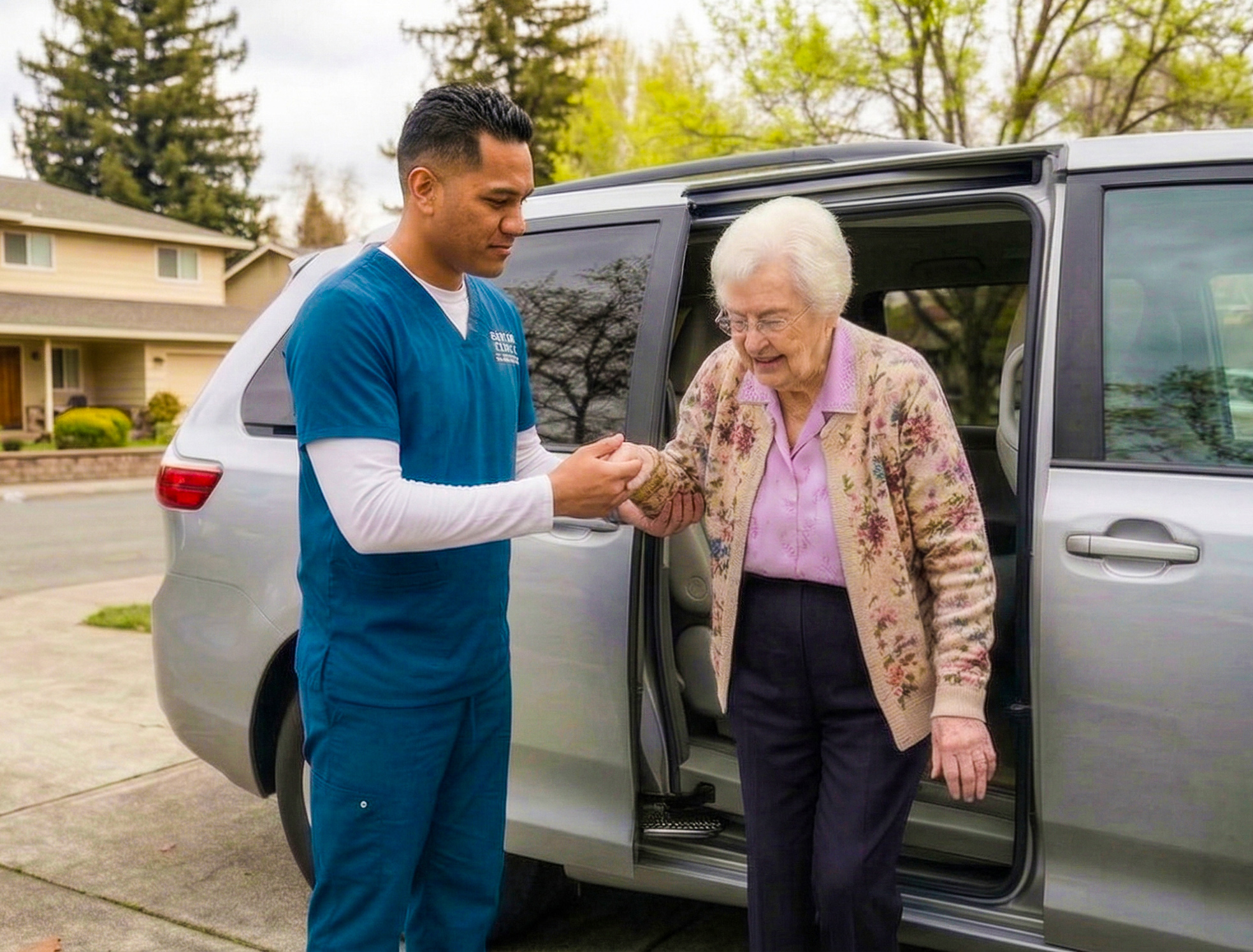 Caregiver helping senior out of vehicle